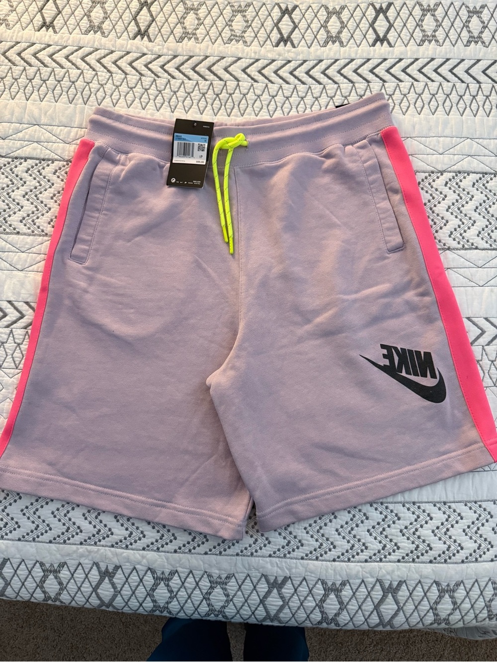 Nike Lilac Fleece Shorts with Neon Yellow Drawstring
